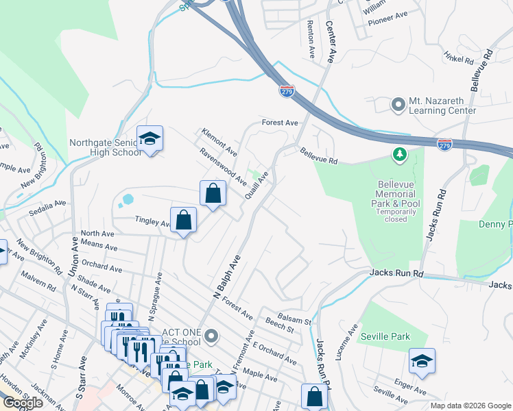 map of restaurants, bars, coffee shops, grocery stores, and more near 319 North Balph Avenue in Pittsburgh