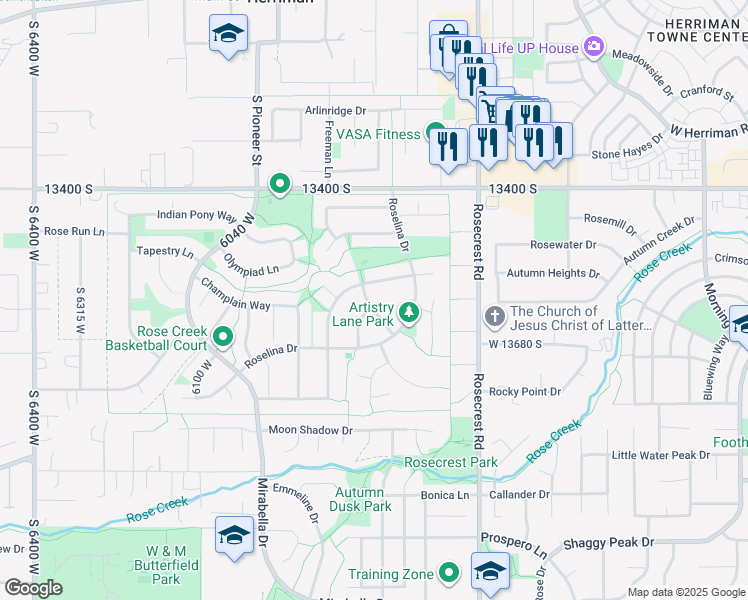 map of restaurants, bars, coffee shops, grocery stores, and more near 13609 Artist Lane in Herriman
