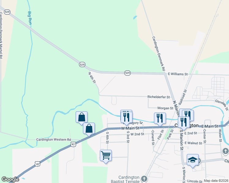 map of restaurants, bars, coffee shops, grocery stores, and more near 209 Richelderfer Street in Cardington