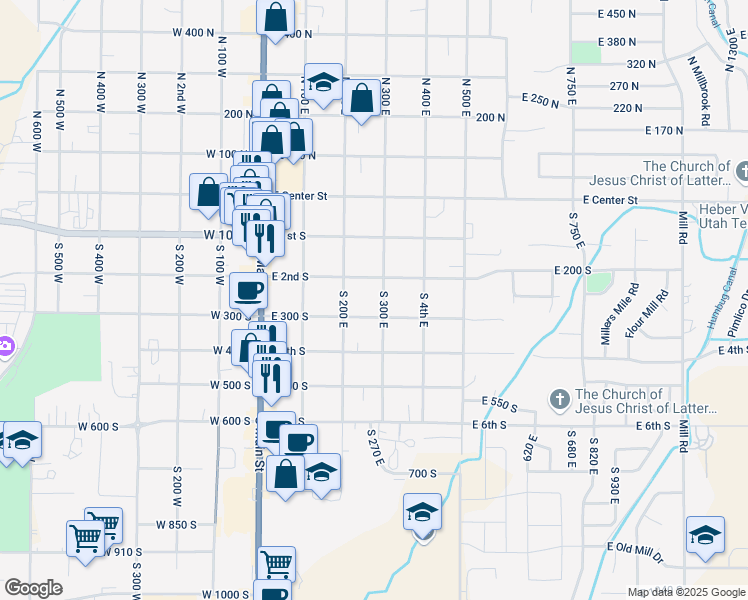 map of restaurants, bars, coffee shops, grocery stores, and more near 260 South 300 East in Heber City