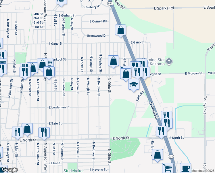 map of restaurants, bars, coffee shops, grocery stores, and more near 1905 North Ohio Street in Kokomo