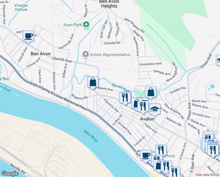 map of restaurants, bars, coffee shops, grocery stores, and more near 207 Marie Avenue in Avalon