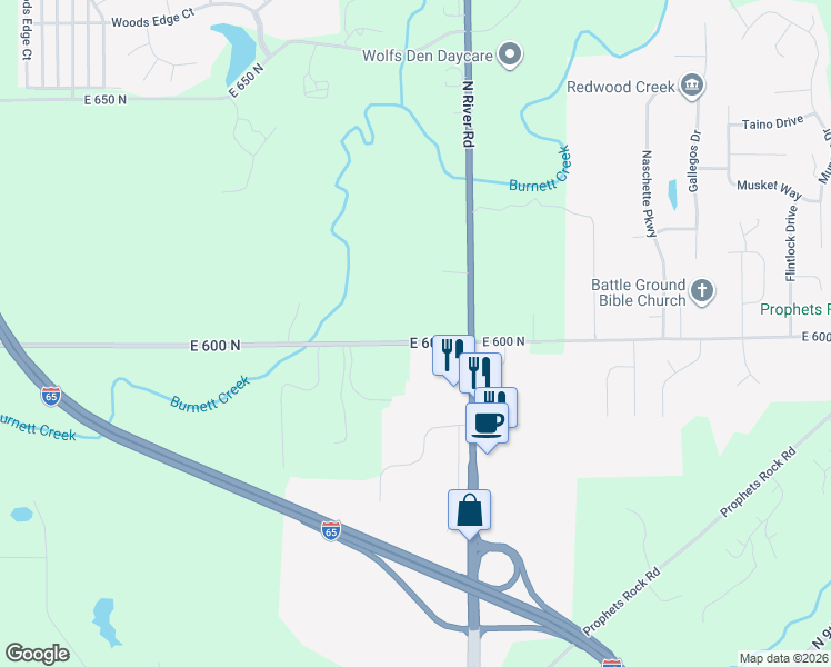map of restaurants, bars, coffee shops, grocery stores, and more near 1910 East 600 North in West Lafayette