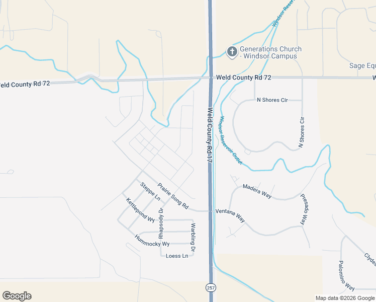 map of restaurants, bars, coffee shops, grocery stores, and more near 34751 Colorado 257 in Windsor