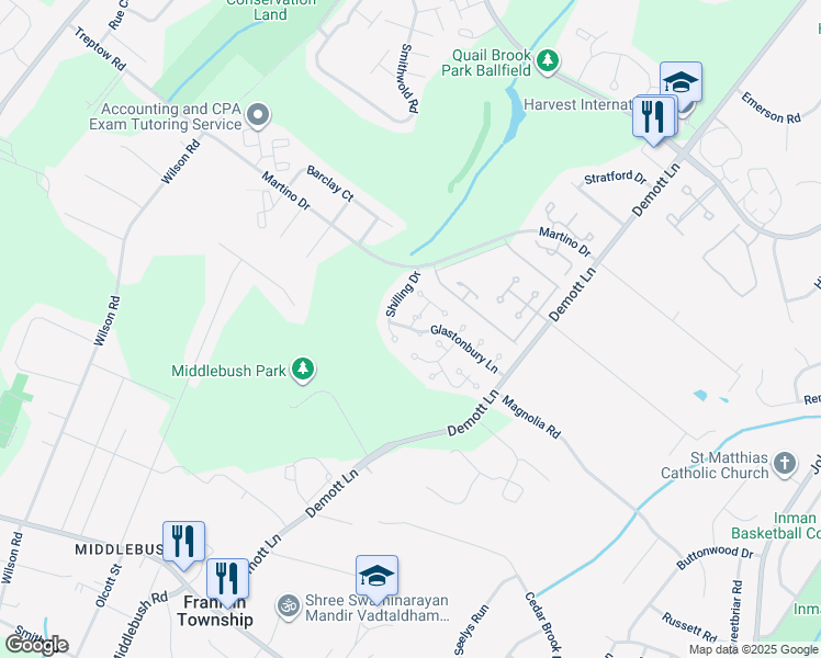 map of restaurants, bars, coffee shops, grocery stores, and more near 301 Glastonbury Lane in Franklin Township