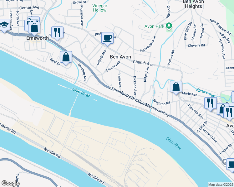 map of restaurants, bars, coffee shops, grocery stores, and more near 7111 Ohio River Boulevard in Pittsburgh