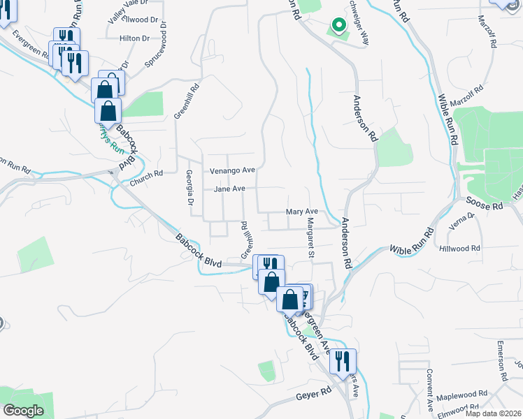 map of restaurants, bars, coffee shops, grocery stores, and more near 177 Mary Avenue in Pittsburgh