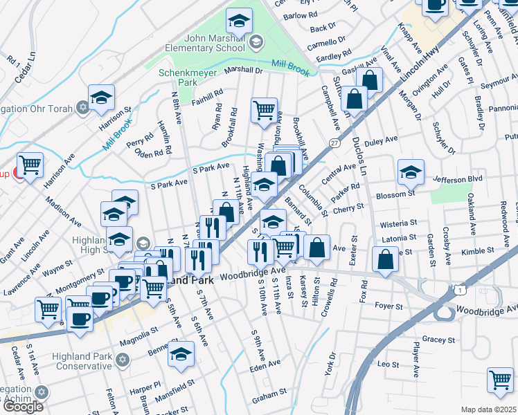 map of restaurants, bars, coffee shops, grocery stores, and more near 1131 Raritan Avenue in Highland Park