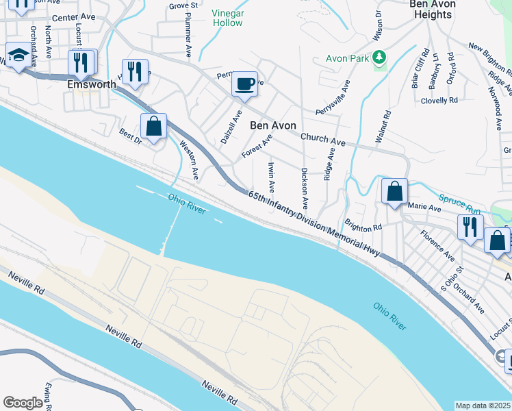 map of restaurants, bars, coffee shops, grocery stores, and more near 7111 Ohio River Boulevard in Pittsburgh