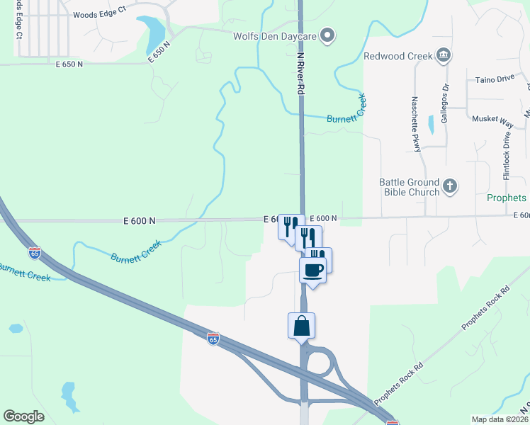 map of restaurants, bars, coffee shops, grocery stores, and more near 1910 East 600 North in West Lafayette