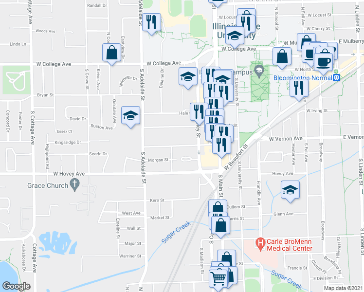 map of restaurants, bars, coffee shops, grocery stores, and more near 716 Osage St in Normal