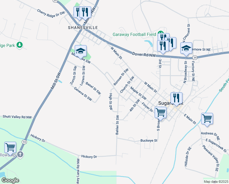 map of restaurants, bars, coffee shops, grocery stores, and more near 312 High Street Southwest in Sugarcreek