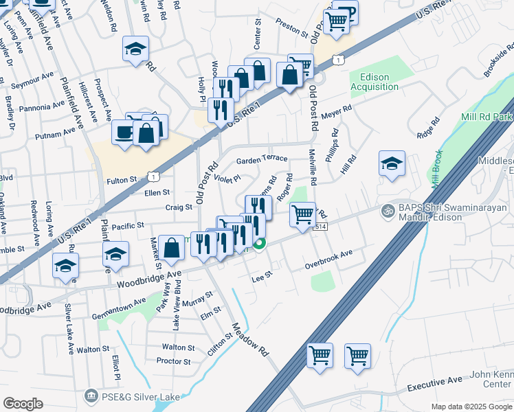 map of restaurants, bars, coffee shops, grocery stores, and more near 8 Stevens Road in Edison