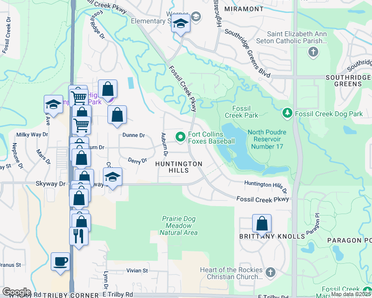 map of restaurants, bars, coffee shops, grocery stores, and more near 544 Dunraven Drive in Fort Collins