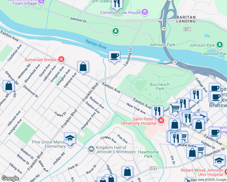 map of restaurants, bars, coffee shops, grocery stores, and more near 318 Easton Avenue in New Brunswick