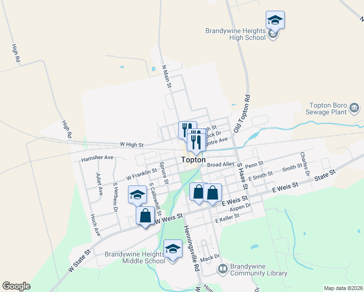 map of restaurants, bars, coffee shops, grocery stores, and more near 26 North Main Street in Topton