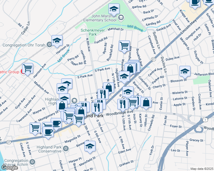 map of restaurants, bars, coffee shops, grocery stores, and more near 111 North 9th Avenue in Highland Park