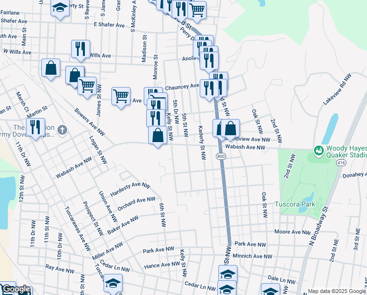map of restaurants, bars, coffee shops, grocery stores, and more near 1056 5th Street Northwest in New Philadelphia
