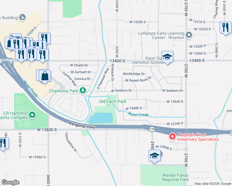 map of restaurants, bars, coffee shops, grocery stores, and more near 3201 W Sanborn Dr in Riverton