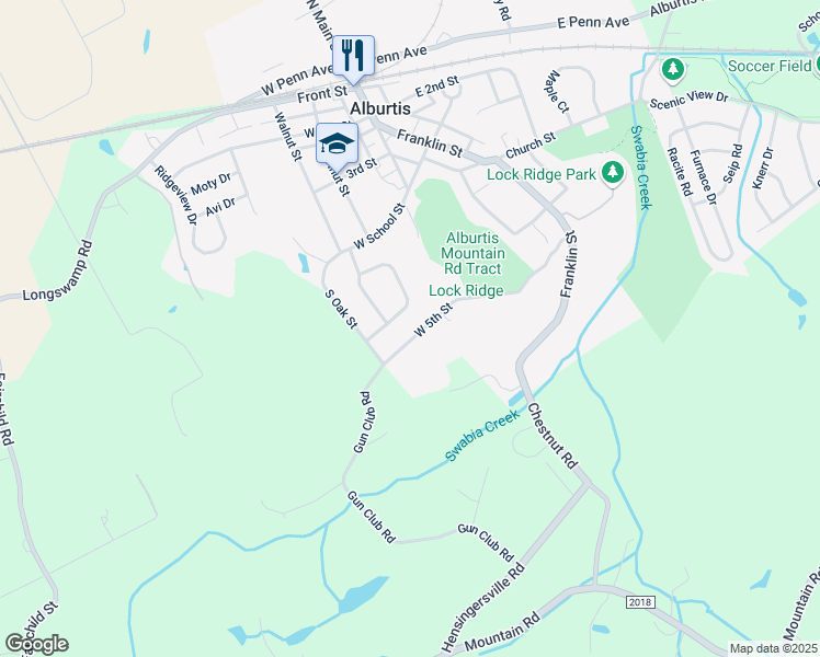 map of restaurants, bars, coffee shops, grocery stores, and more near 52 West 5th Street in Alburtis