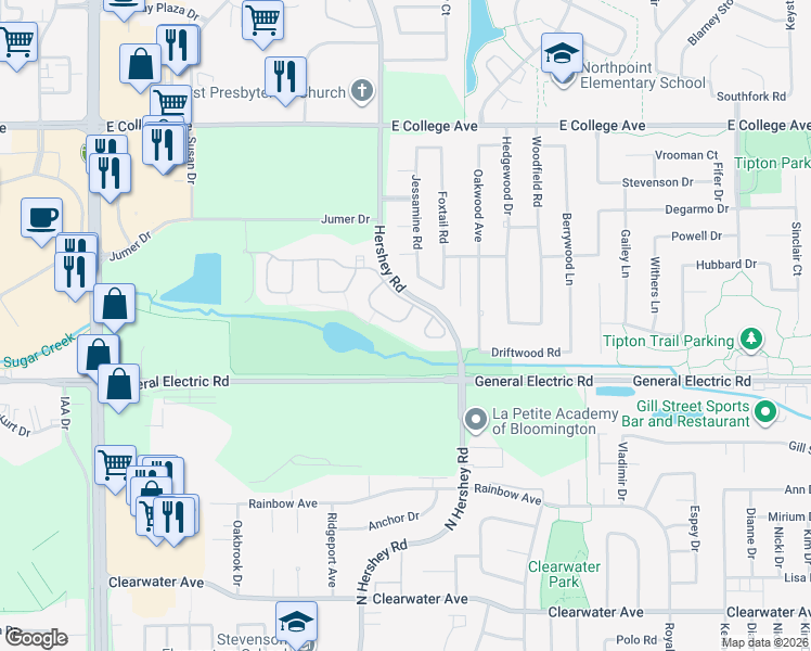 map of restaurants, bars, coffee shops, grocery stores, and more near 37 Arbor Court in Bloomington