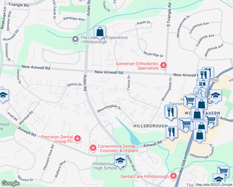 map of restaurants, bars, coffee shops, grocery stores, and more near 504 Windsor Court in Somerset County