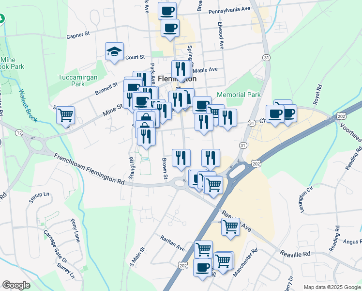 map of restaurants, bars, coffee shops, grocery stores, and more near 185 Main Street in Flemington