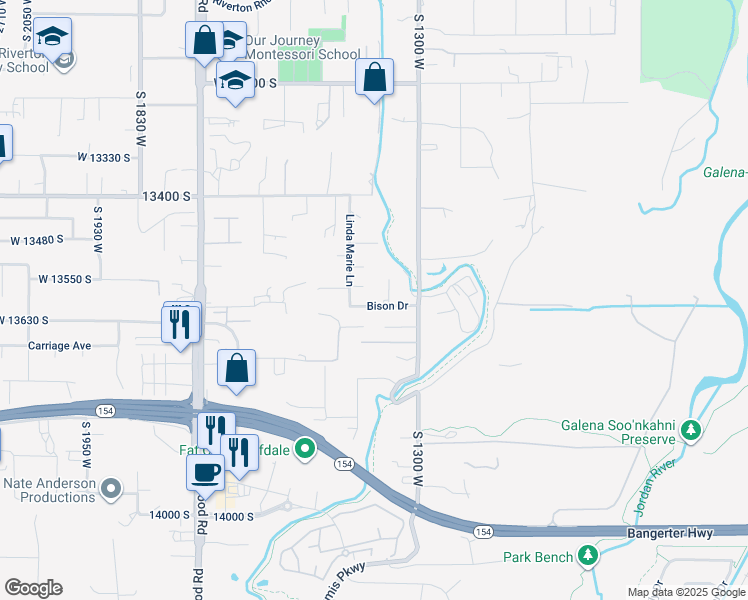 map of restaurants, bars, coffee shops, grocery stores, and more near 1382 Bison Drive in Riverton