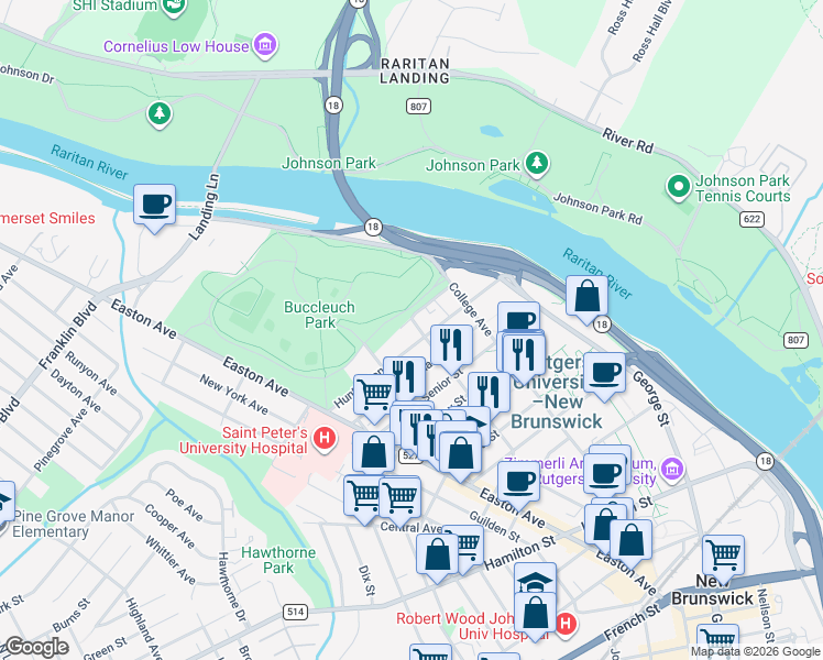 map of restaurants, bars, coffee shops, grocery stores, and more near 37 Huntington Street in New Brunswick