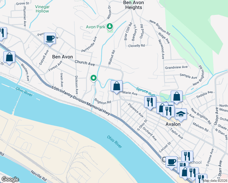 map of restaurants, bars, coffee shops, grocery stores, and more near 234 Berringer Place in Ben Avon