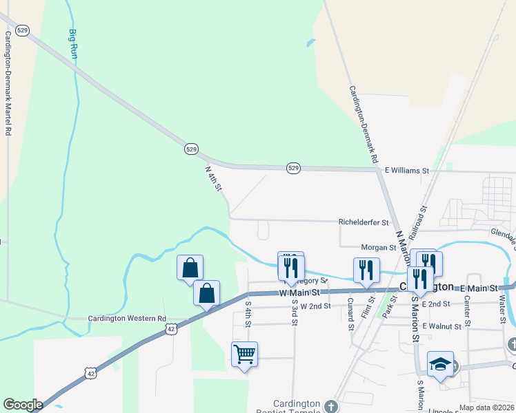 map of restaurants, bars, coffee shops, grocery stores, and more near 209 Richelderfer Street in Cardington