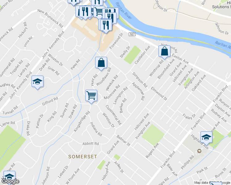 map of restaurants, bars, coffee shops, grocery stores, and more near 15 Montrose Road in Franklin Township