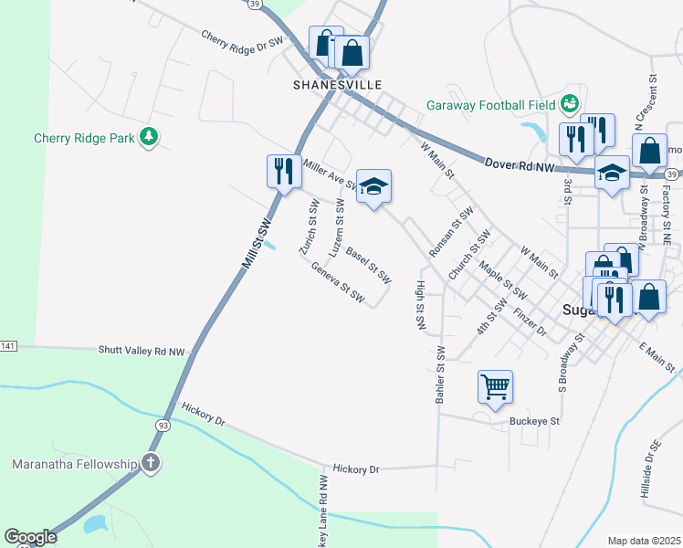 map of restaurants, bars, coffee shops, grocery stores, and more near 860 Basel Street Southwest in Sugarcreek
