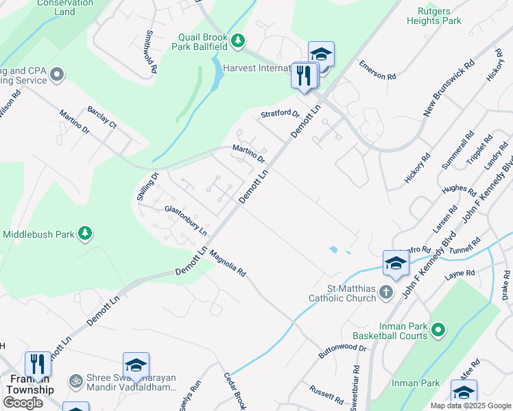 map of restaurants, bars, coffee shops, grocery stores, and more near 310 Demott Lane in Franklin Township