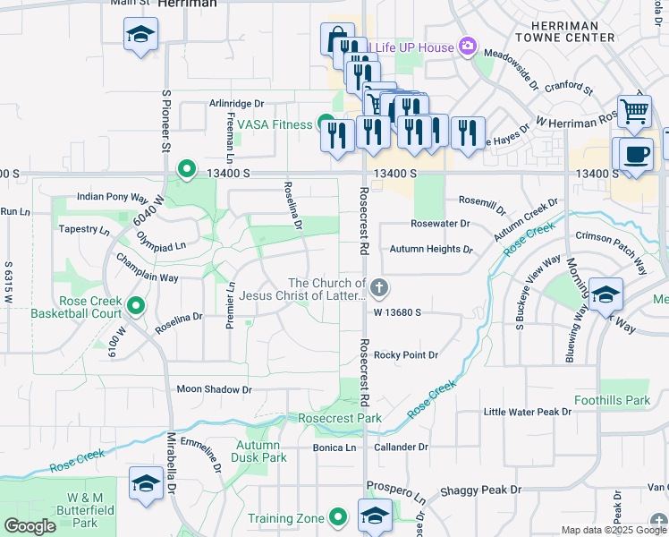 map of restaurants, bars, coffee shops, grocery stores, and more near 5679 Hitching Post Court in Herriman