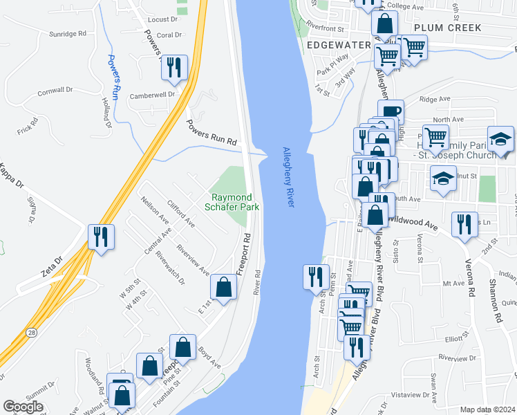 map of restaurants, bars, coffee shops, grocery stores, and more near 22 River Road in Pittsburgh