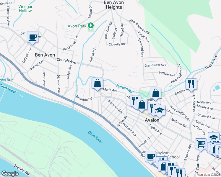 map of restaurants, bars, coffee shops, grocery stores, and more near 205 Marie Avenue in Avalon