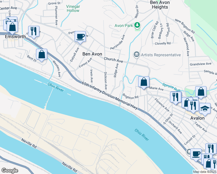 map of restaurants, bars, coffee shops, grocery stores, and more near 126 Dickson Avenue in Pittsburgh