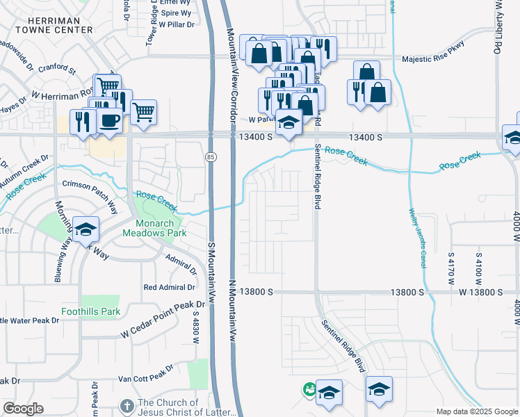 map of restaurants, bars, coffee shops, grocery stores, and more near 13527 South Hanley Lane in Riverton