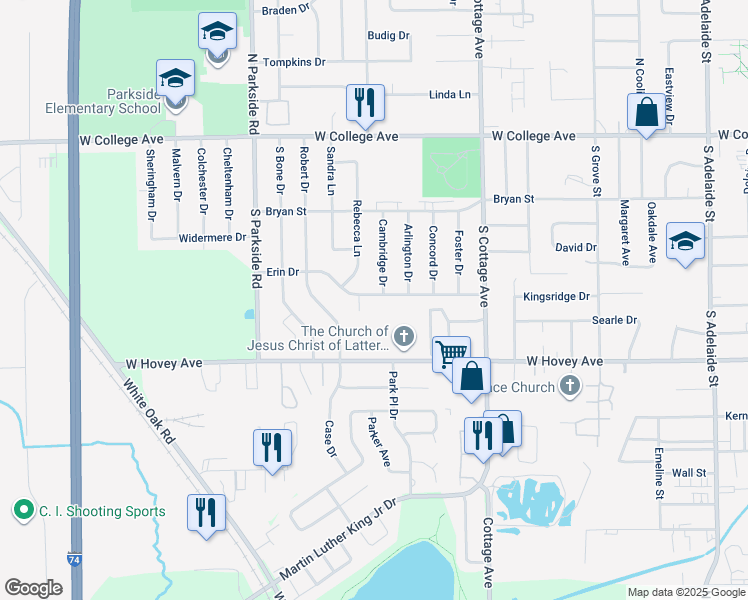 map of restaurants, bars, coffee shops, grocery stores, and more near 1629 Erin Drive in Normal