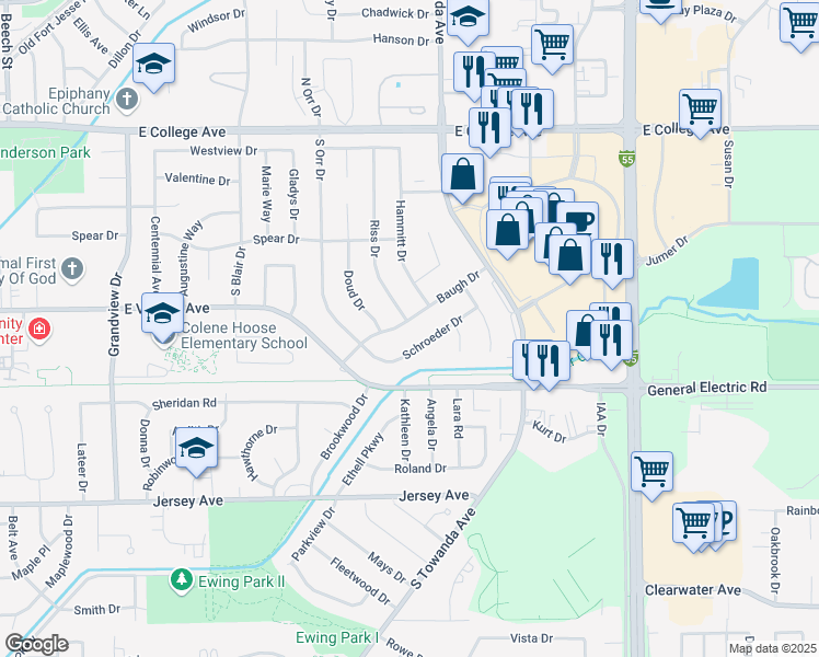 map of restaurants, bars, coffee shops, grocery stores, and more near 1309 Baugh Drive in Normal