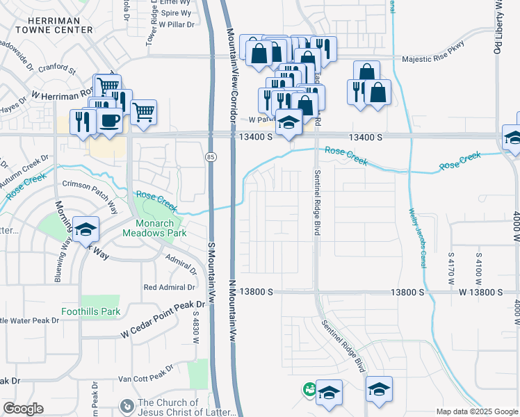 map of restaurants, bars, coffee shops, grocery stores, and more near 13527 South Hanley Lane in Riverton