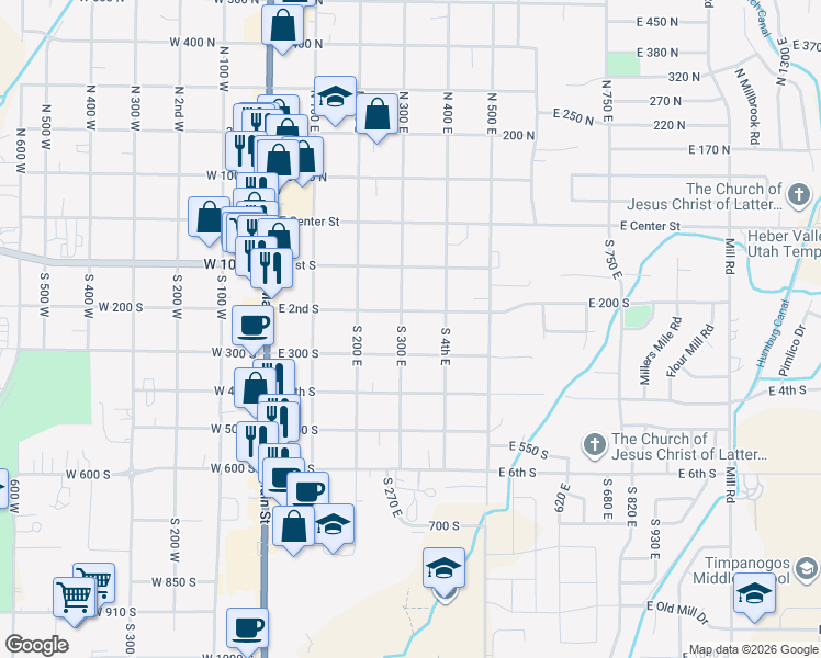 map of restaurants, bars, coffee shops, grocery stores, and more near 247 South 300 East in Heber City