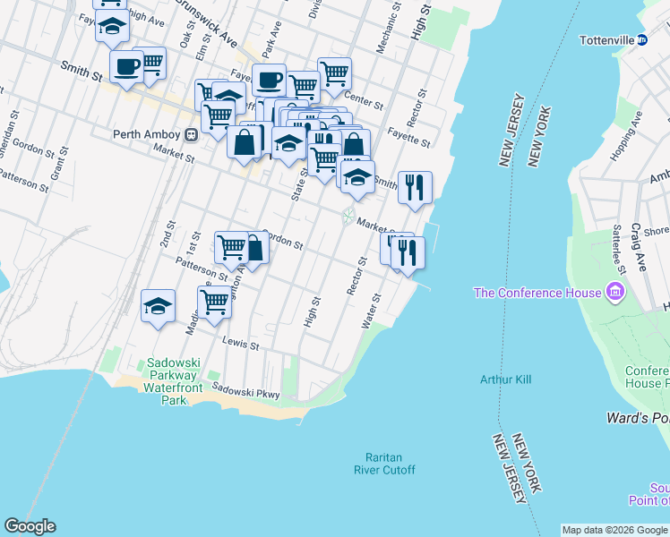 map of restaurants, bars, coffee shops, grocery stores, and more near 196 High Street in Perth Amboy