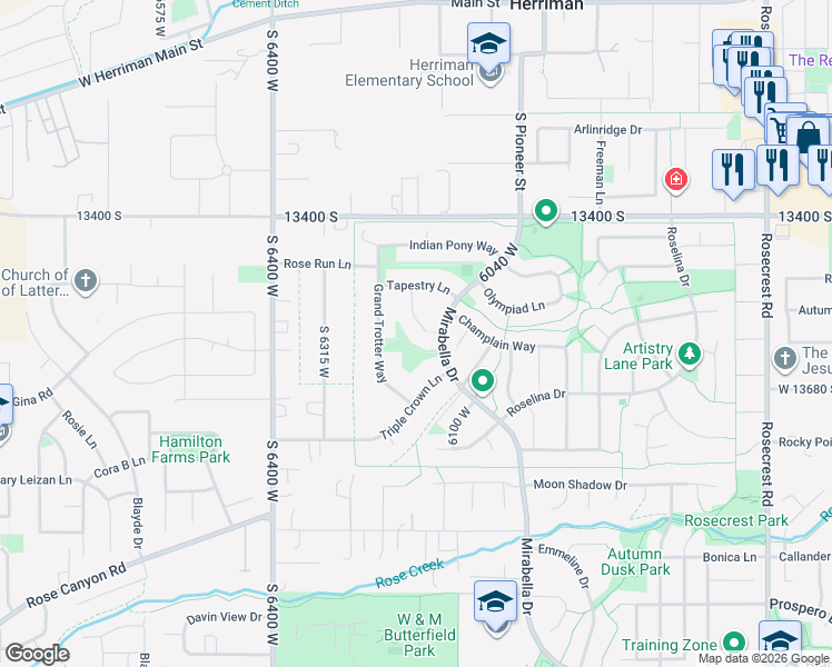 map of restaurants, bars, coffee shops, grocery stores, and more near 13584 Santa Anita Court in Herriman
