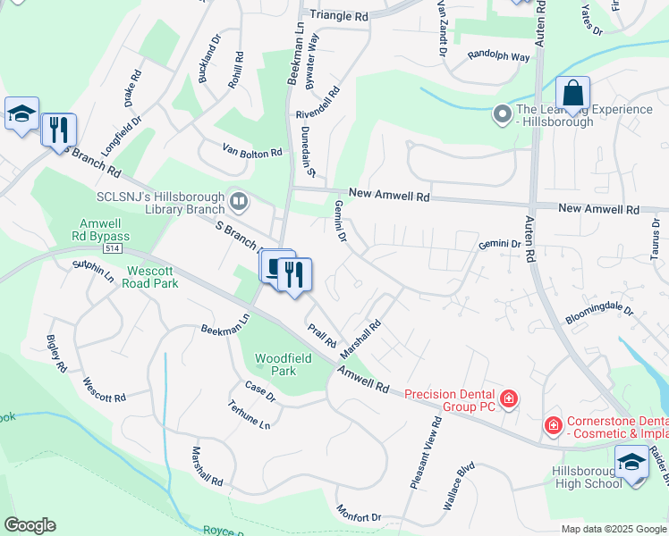 map of restaurants, bars, coffee shops, grocery stores, and more near 118 Devonshire Court in Somerset County