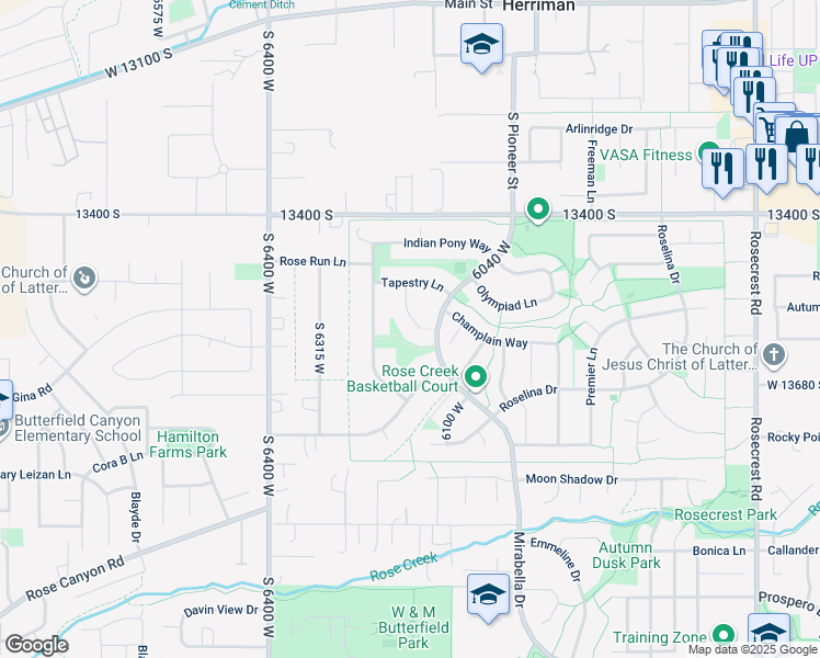 map of restaurants, bars, coffee shops, grocery stores, and more near 13584 Santa Anita Court in Herriman