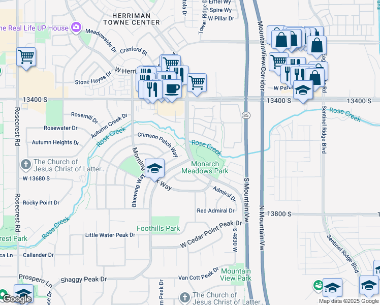 map of restaurants, bars, coffee shops, grocery stores, and more near 13599 Monarch Meadows Parkway in Riverton