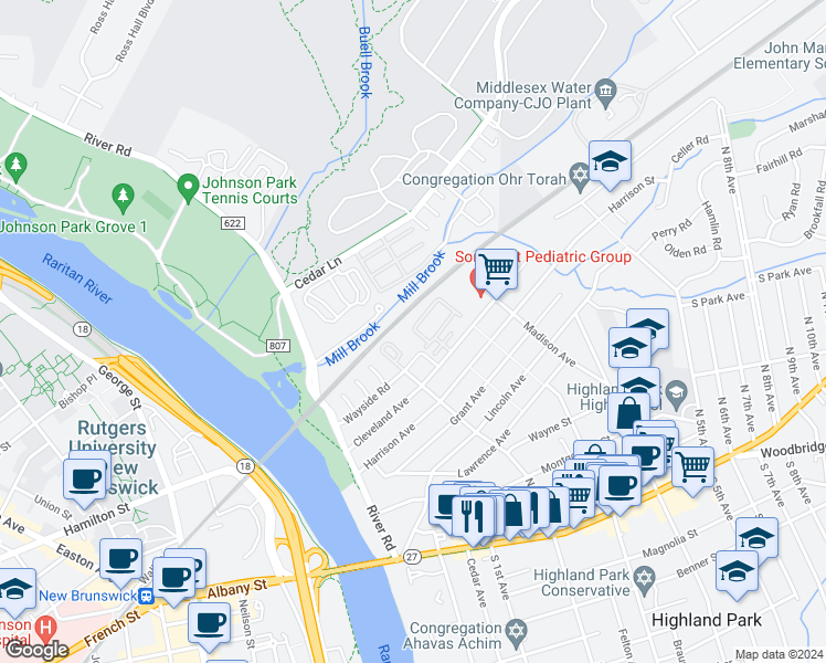 map of restaurants, bars, coffee shops, grocery stores, and more near 601 Greenland Square in Highland Park