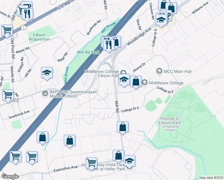 map of restaurants, bars, coffee shops, grocery stores, and more near 16 Horizon Drive in Edison